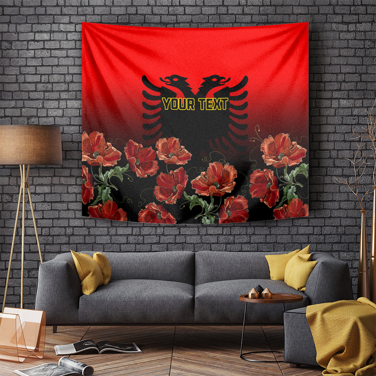 personalised-albania-independence-day-tapestry-albanian-coat-of-arms-with-red-poppy-flower