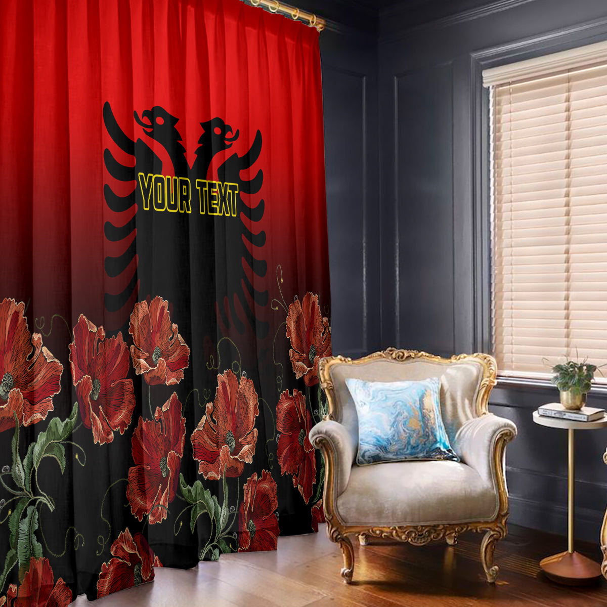 Personalised Albania Independence Day Window Curtain Albanian Coat Of Arms With Red Poppy Flower - Wonder Print Shop