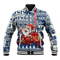 Blue and white Christmas baseball jacket with Santa graphic, snowflake pattern, ribbed trim.