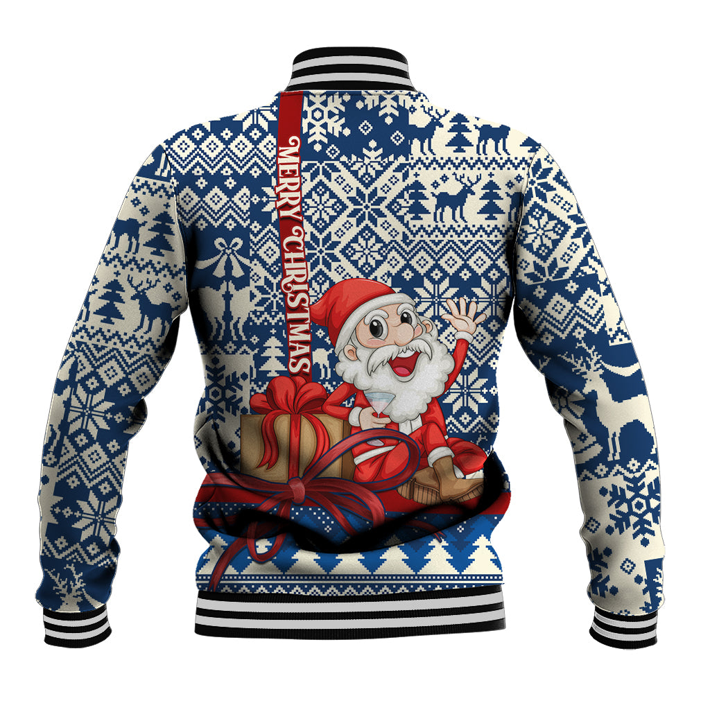 Blue and white Christmas baseball jacket with Santa and Merry Christmas text, ribbed trim.