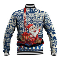 Blue and white Christmas baseball jacket with Santa and Merry Christmas text, ribbed trim.