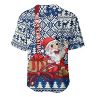 Blue Christmas baseball jersey with Santa graphic, holiday snowflake pattern