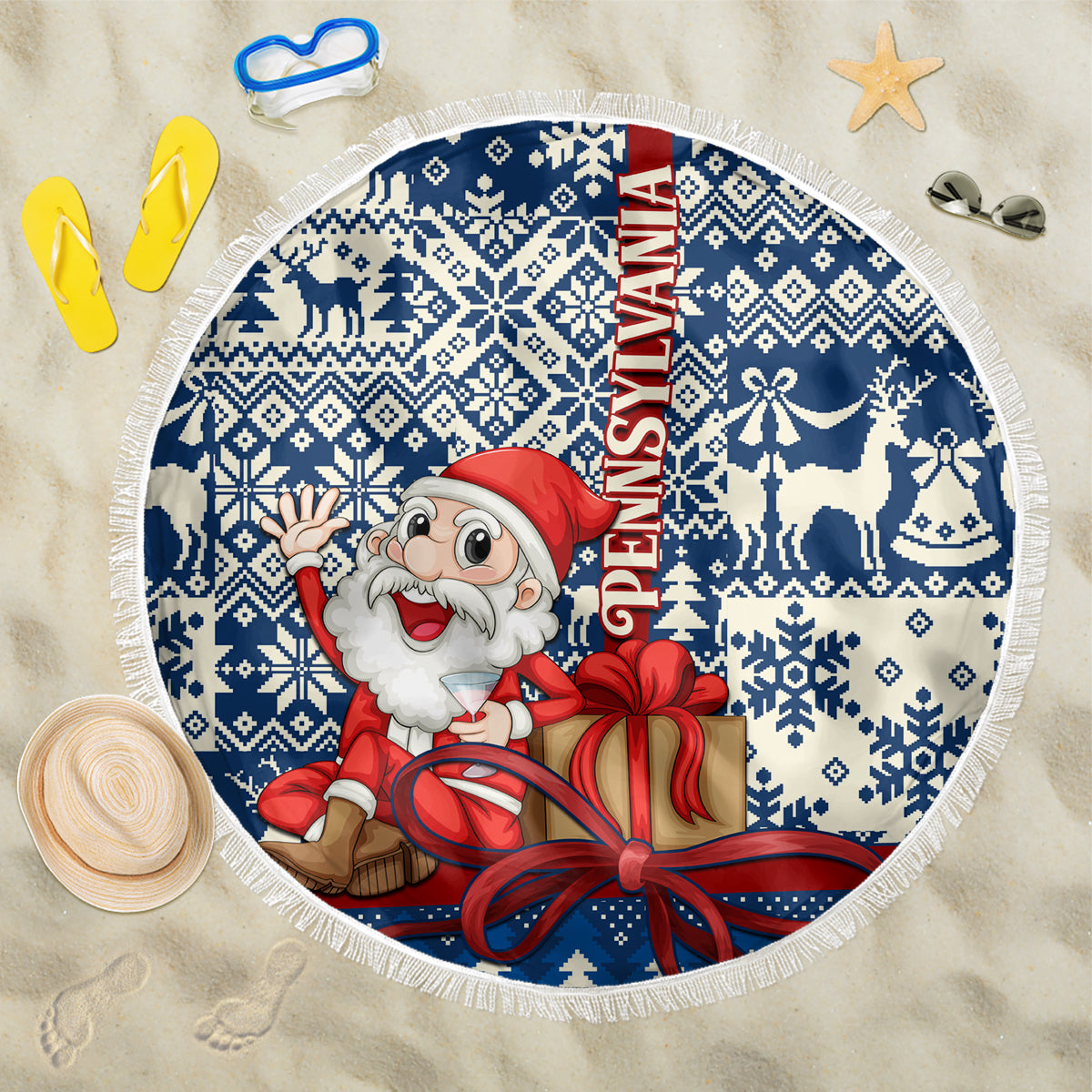 Round blue and white Santa with gift graphic beach blanket with fringe edge.