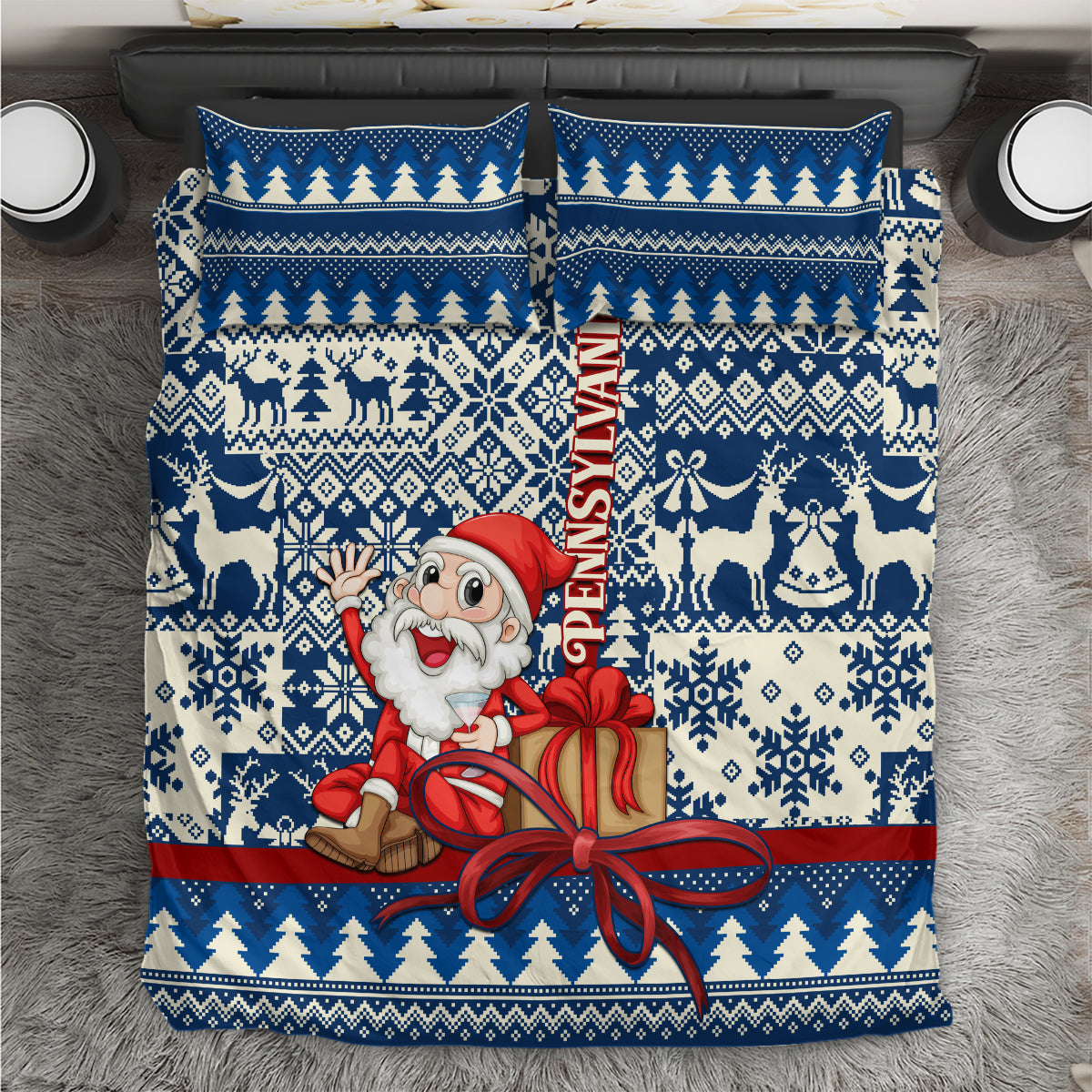 Blue Christmas bedding set with Santa illustration and knit-style reindeer pattern
