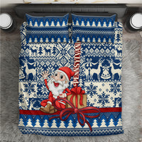 Blue Christmas bedding set with Santa illustration and knit-style reindeer pattern