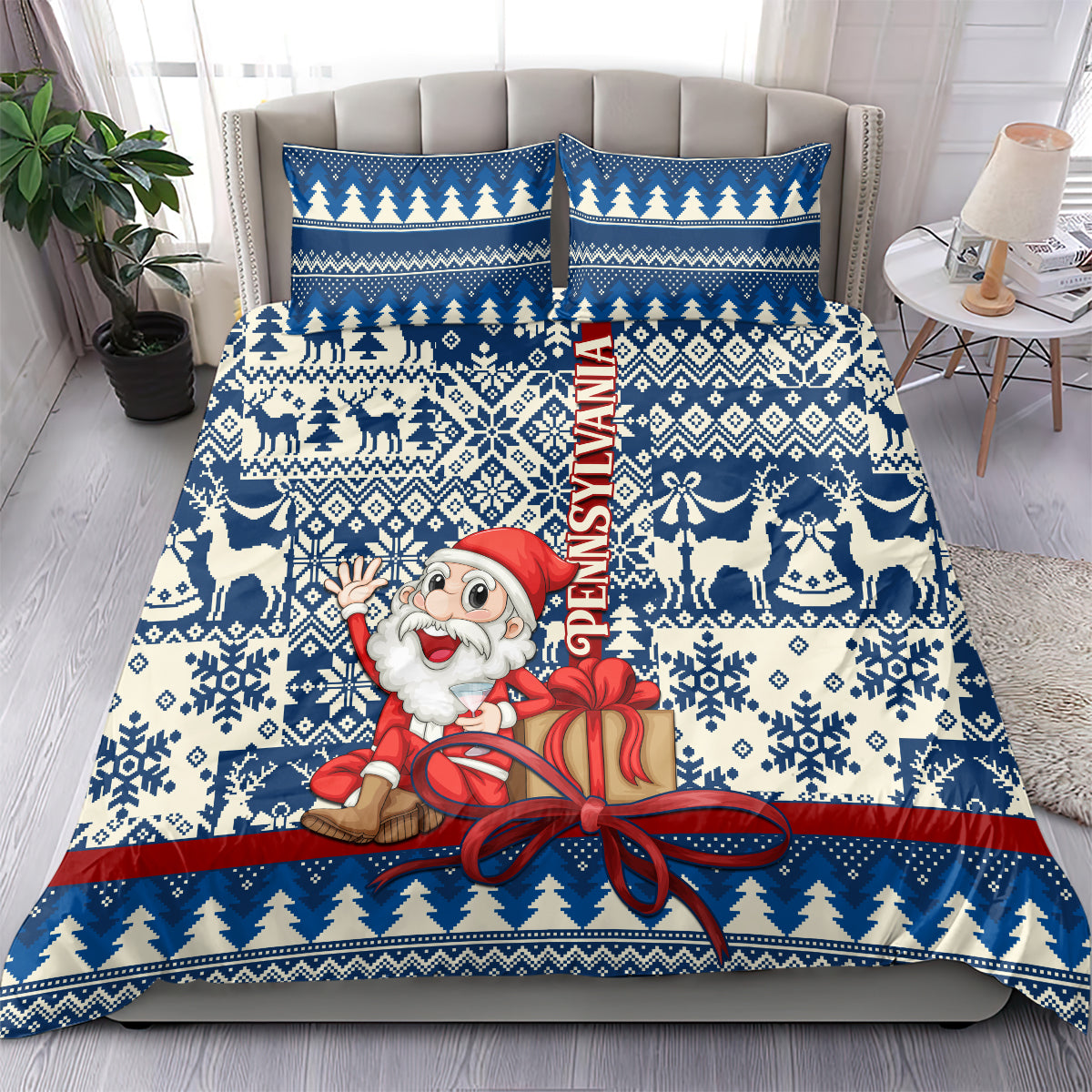 Blue Christmas bedding set with Santa carrying a gift, snowflake and tree motifs