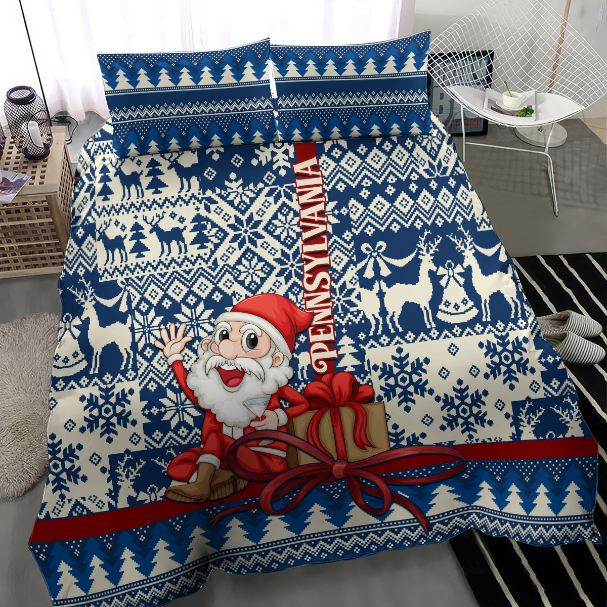 Blue Christmas duvet set with Santa and gift bow, reindeer, snowflake, and tree icons