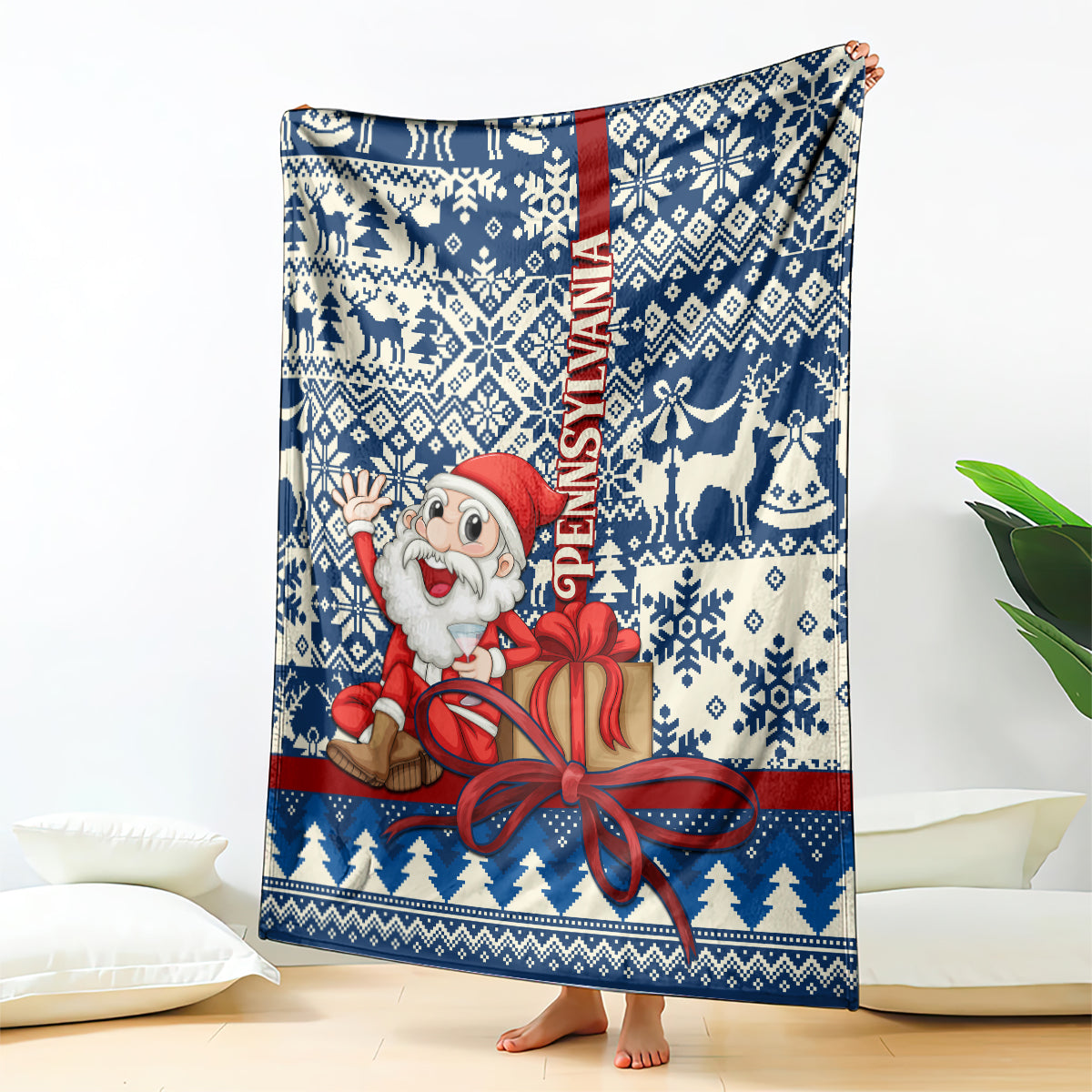 Blue Christmas throw blanket with Santa and gift, snowflake and reindeer fair isle pattern