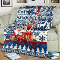 Blue Christmas blanket with Santa and Pennsylvania text, snowflake and reindeer knit pattern