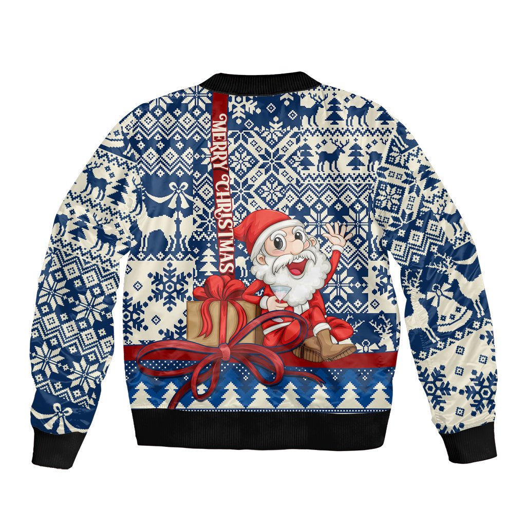 Blue bomber jacket with Santa holding gifts, vertical PENNSYLVANIA text, festive pattern