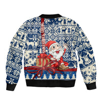 Blue bomber jacket with Santa holding gifts, vertical PENNSYLVANIA text, festive pattern