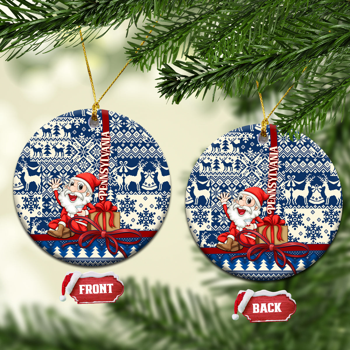 Blue Santa Claus ceramic ornament, circular with reindeer knit pattern and gift bow