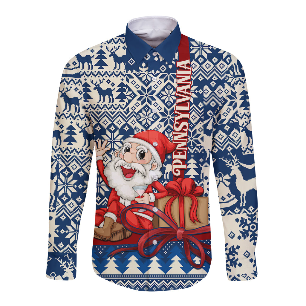 Blue long-sleeve button shirt with Santa and gift box, festive deer and snowflake pattern