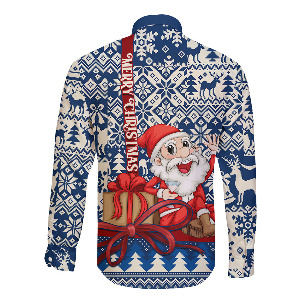 Blue long-sleeve button shirt with Santa holding gifts, Merry Christmas vertical text, pattern