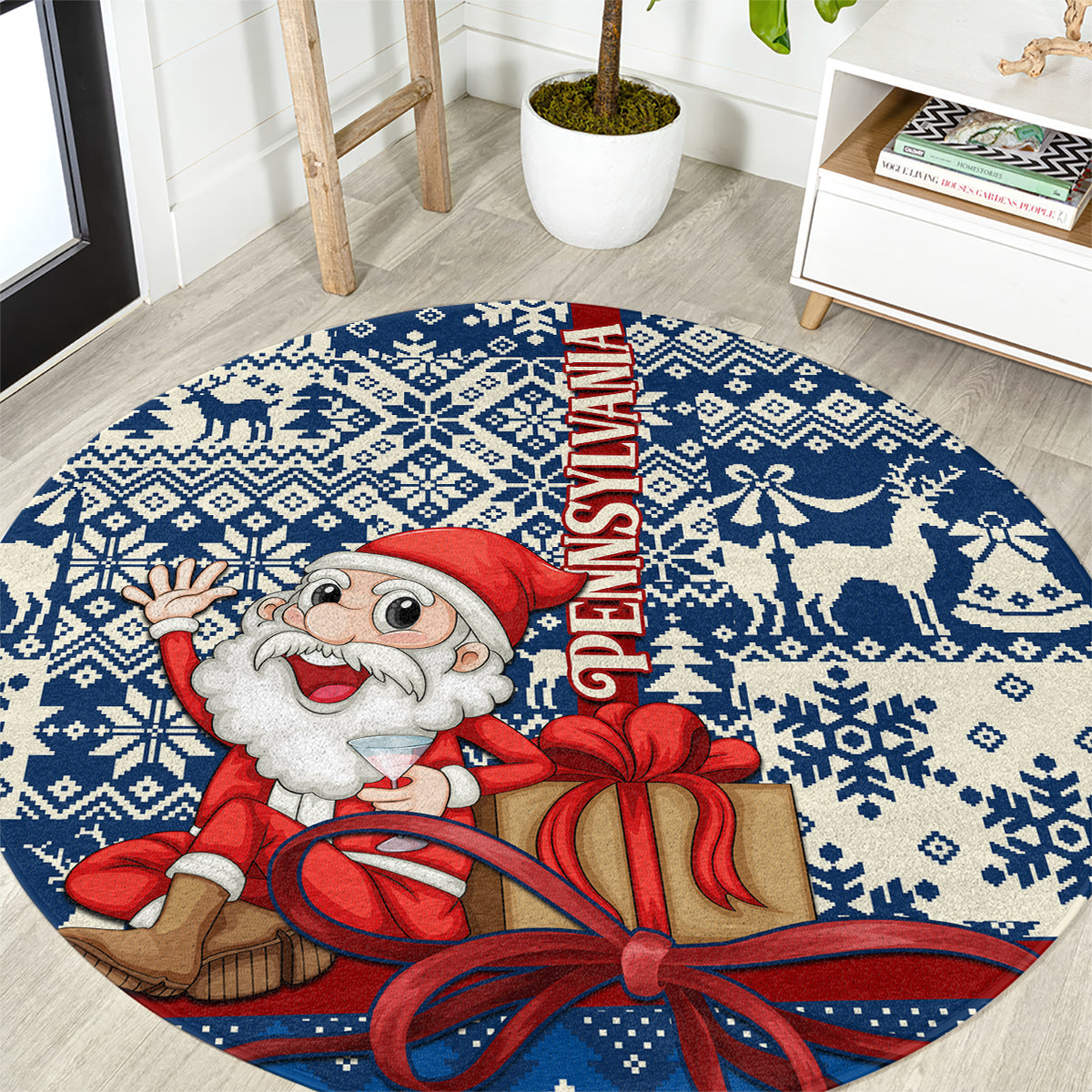 Blue round Christmas rug with Santa holding a gift box and FELIZ NAVIDAD text