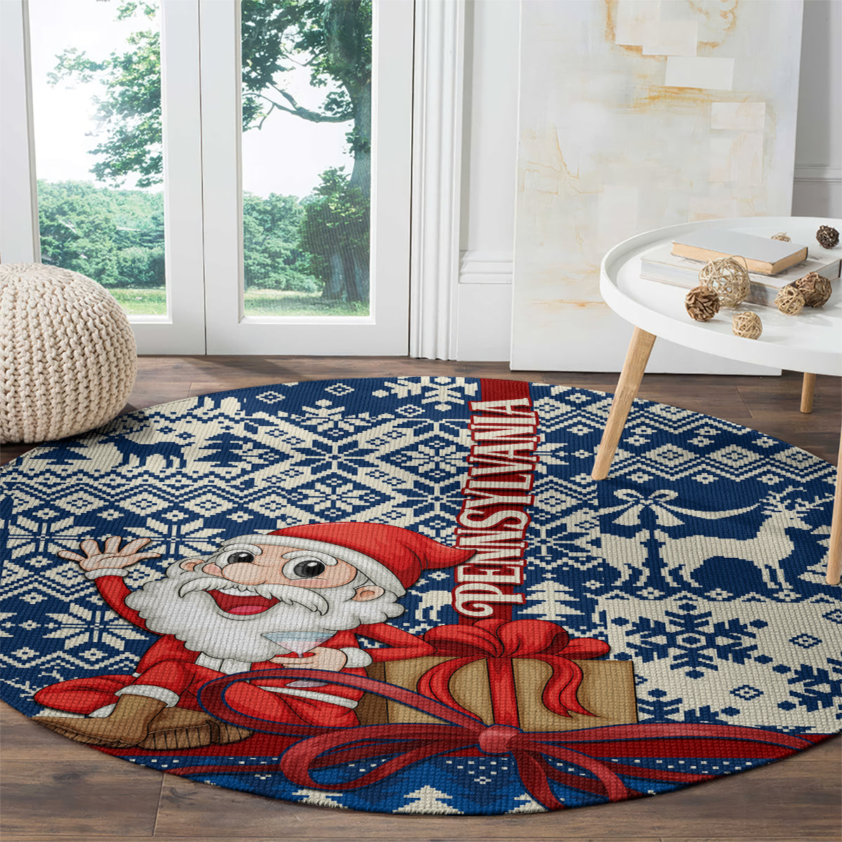 Blue round Christmas rug with Santa and gift bow, snowflake pattern and FELIZ NAVIDAD