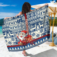 Blue Christmas sarong with Santa and reindeer graphic, red bow border