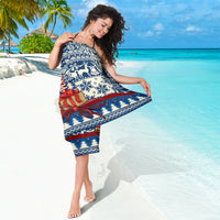Blue Christmas sarong with Santa and reindeer print, geometric stripe border