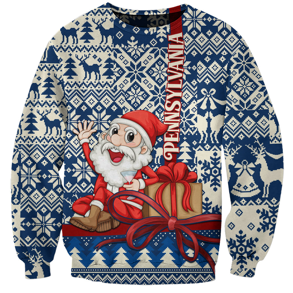 Unisex blue Christmas sweatshirt with Santa, gift box, and Pennsylvania vertical text