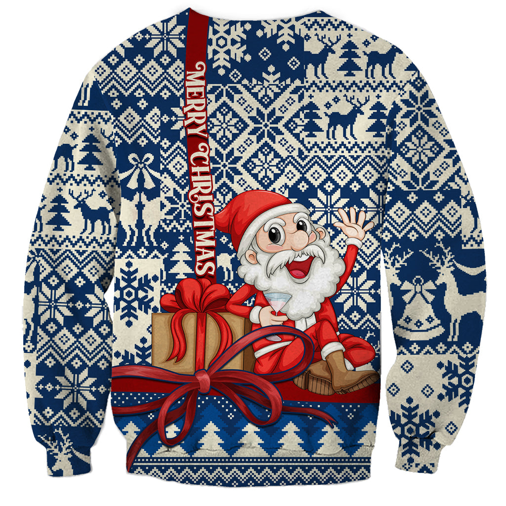 Unisex blue Christmas sweatshirt with Santa and Merry Christmas vertical text, sweater pattern