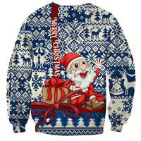 Unisex blue Christmas sweatshirt with Santa and Merry Christmas vertical text, sweater pattern