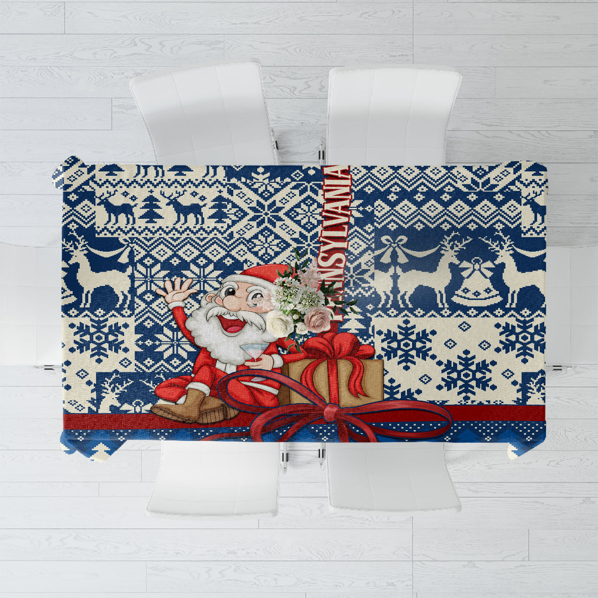 Blue Christmas tablecloth with Santa and gift box, snowflake and reindeer pattern