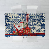 Blue Christmas tablecloth with Santa and gift box, snowflake and reindeer pattern