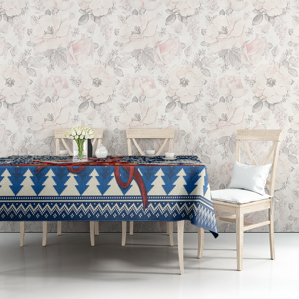 Blue Christmas tablecloth with pine tree and snowflake pattern, straight hem edge