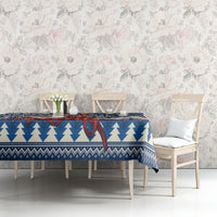 Blue Christmas tablecloth with pine tree and snowflake pattern, straight hem edge