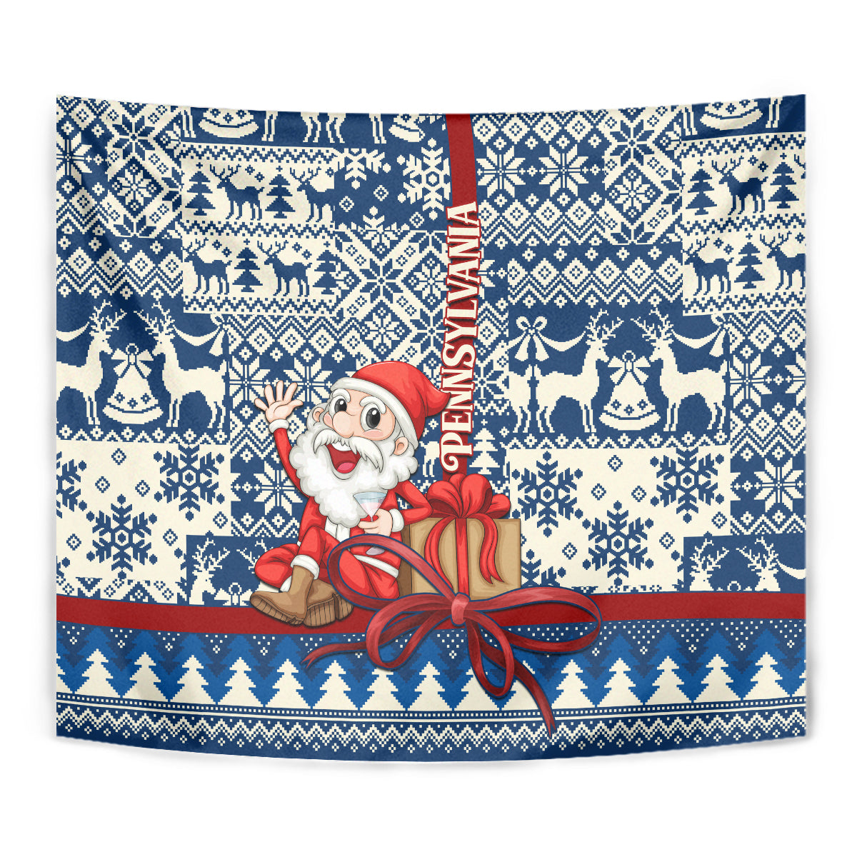Blue rectangular tapestry close-up: Santa in red holding a gift, surrounded by winter icons and stripes