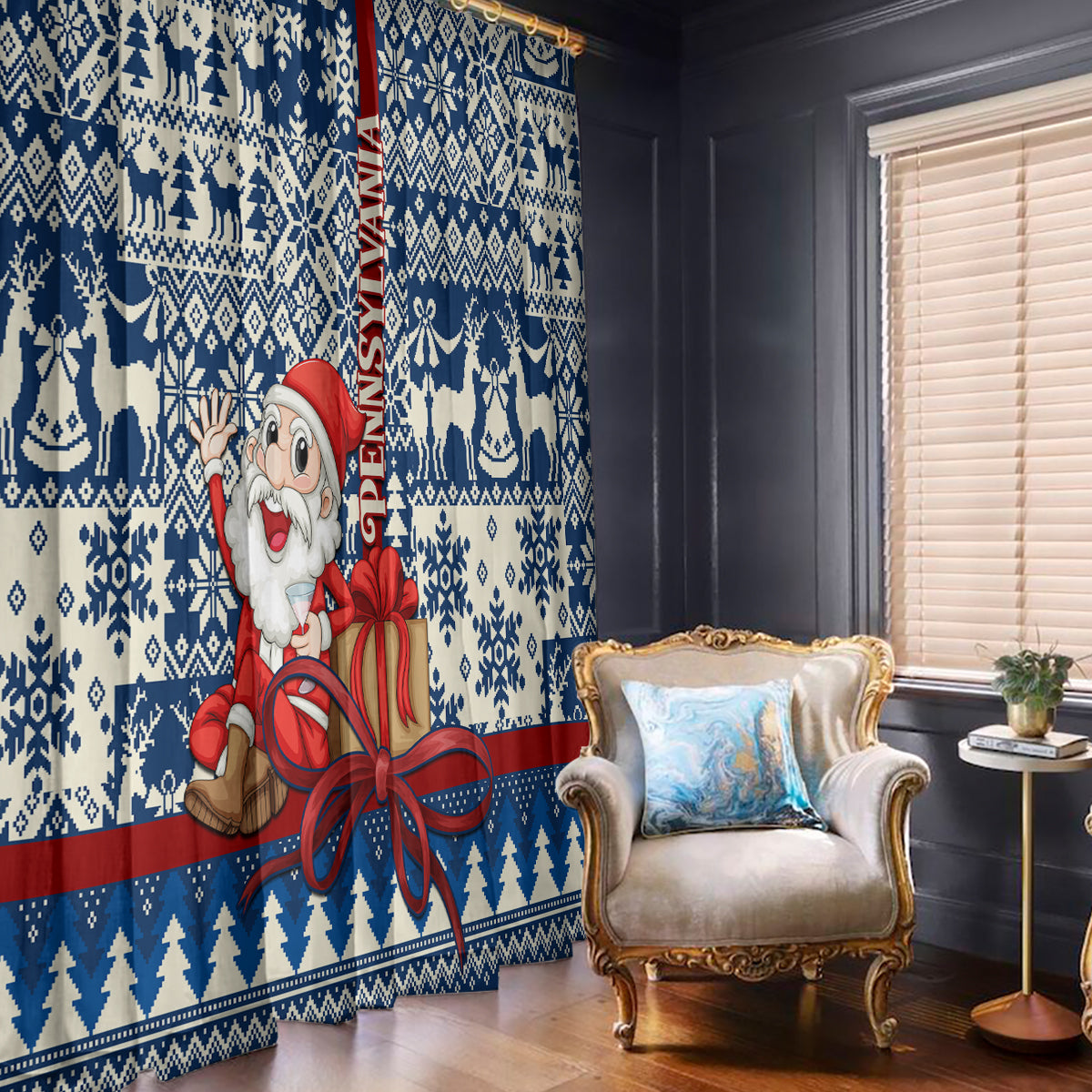Blue Santa Christmas curtain panel pair with bows and geometric snowflake pattern