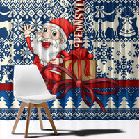 Blue Santa Christmas curtain panel with red hat and gift bow on winter pattern