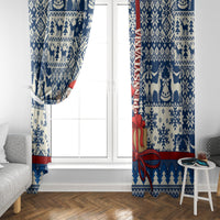 Blue Christmas window curtain panel pair with Santa figure, red border, snowflakes