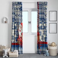 Blue Santa Christmas curtain panel pair for windows with winter icons and red trim
