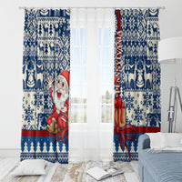Blue Christmas window curtain panel pair with Santa, gifts, and snowflake geometric print