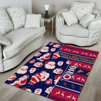 Blue Christmas area rug with Santa and HO HO HO lettering on red and navy blocks
