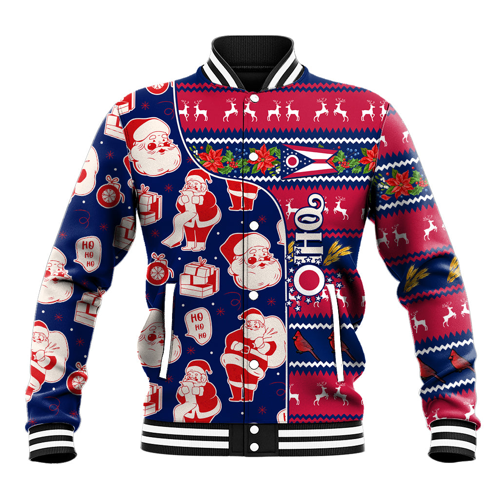 Blue baseball jacket with Santa, reindeer, and holiday pattern; ribbed collar and cuffs
