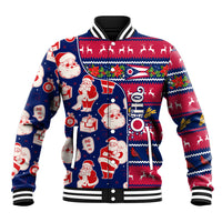 Blue baseball jacket with Santa, reindeer, and holiday pattern; ribbed collar and cuffs