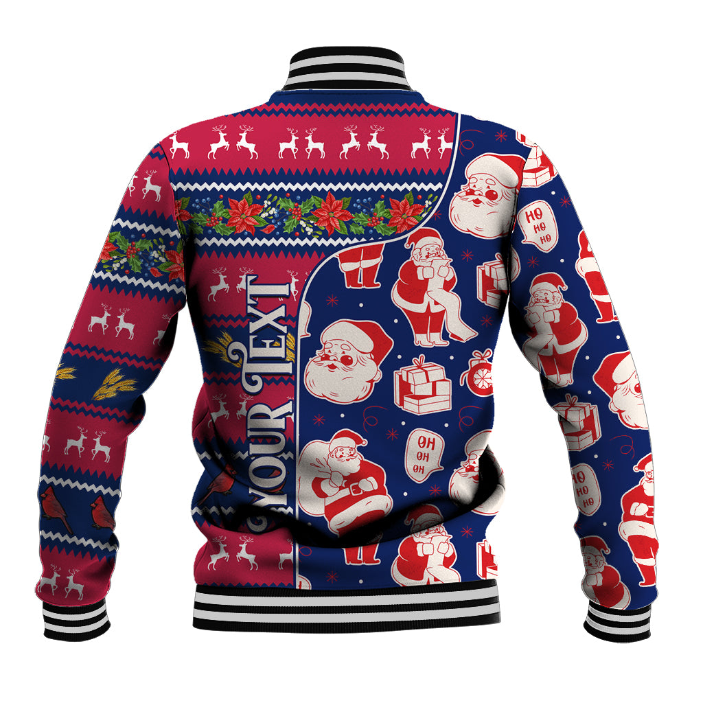 Blue baseball jacket with Santa and reindeer on back; striped ribbed trim