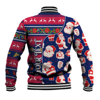 Blue baseball jacket with Santa and reindeer on back; striped ribbed trim