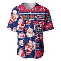 Blue baseball jersey with red-and-white Santa, reindeer, and holiday pattern