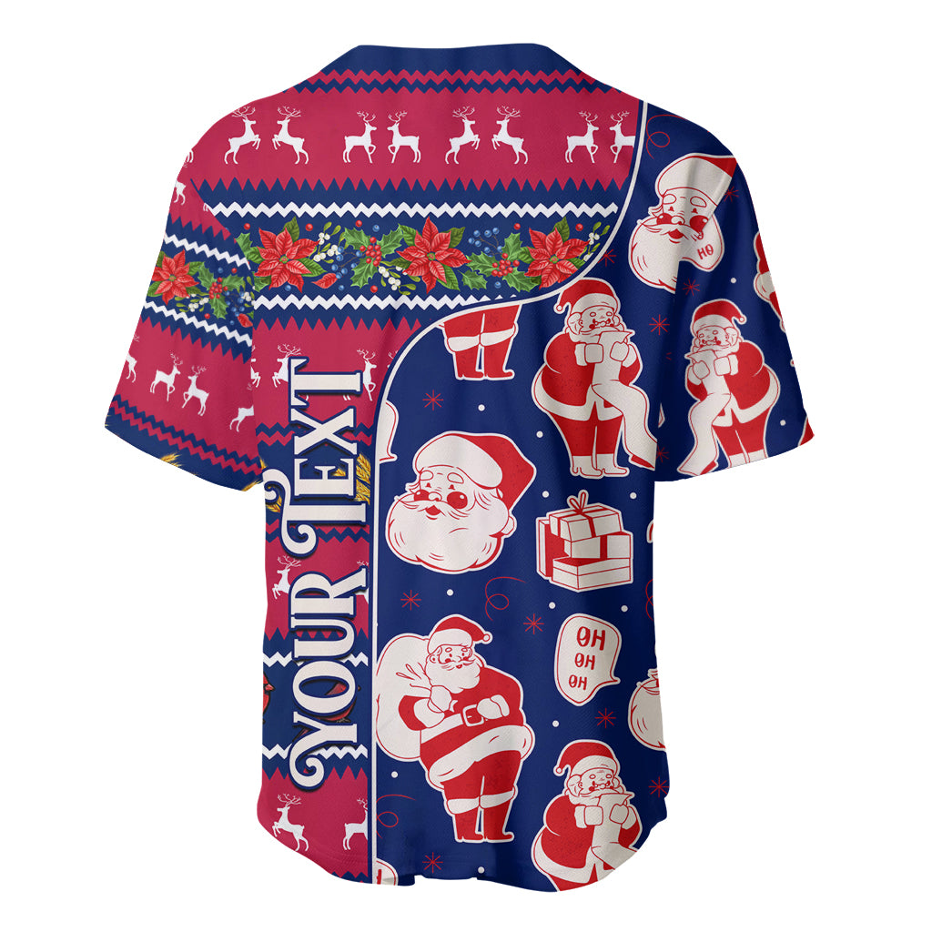 Red-and-blue baseball jersey with Santa, reindeer, and poinsettia holiday print