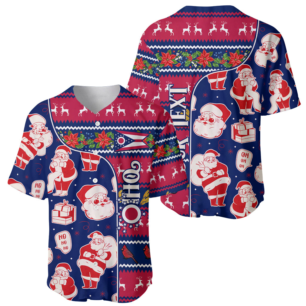 Blue baseball jersey with Santa, presents, and vertical OHIO-style holiday graphic