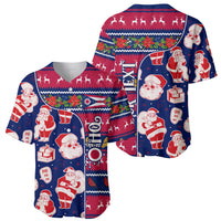 Blue baseball jersey with Santa, presents, and vertical OHIO-style holiday graphic