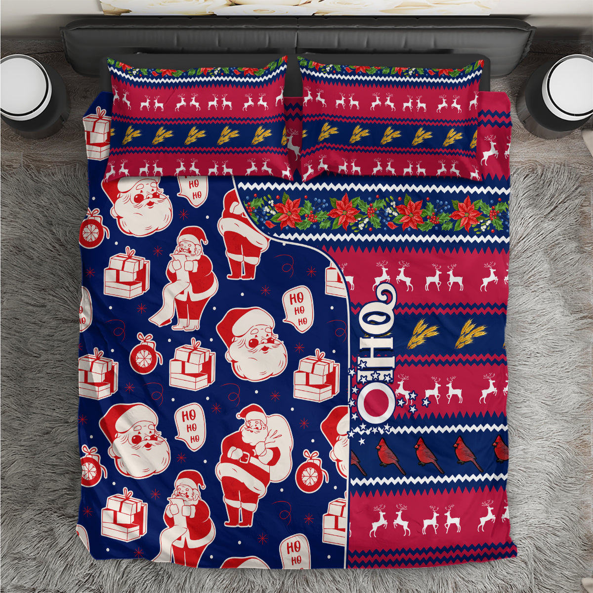 Blue Christmas bedding set with Santa, gifts, reindeer, and holiday stripe pattern