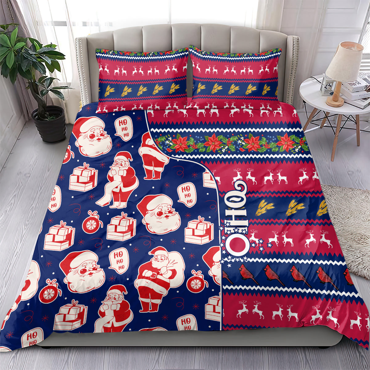 Blue Christmas bedding set with Santa figures, presents, and striped reindeer border