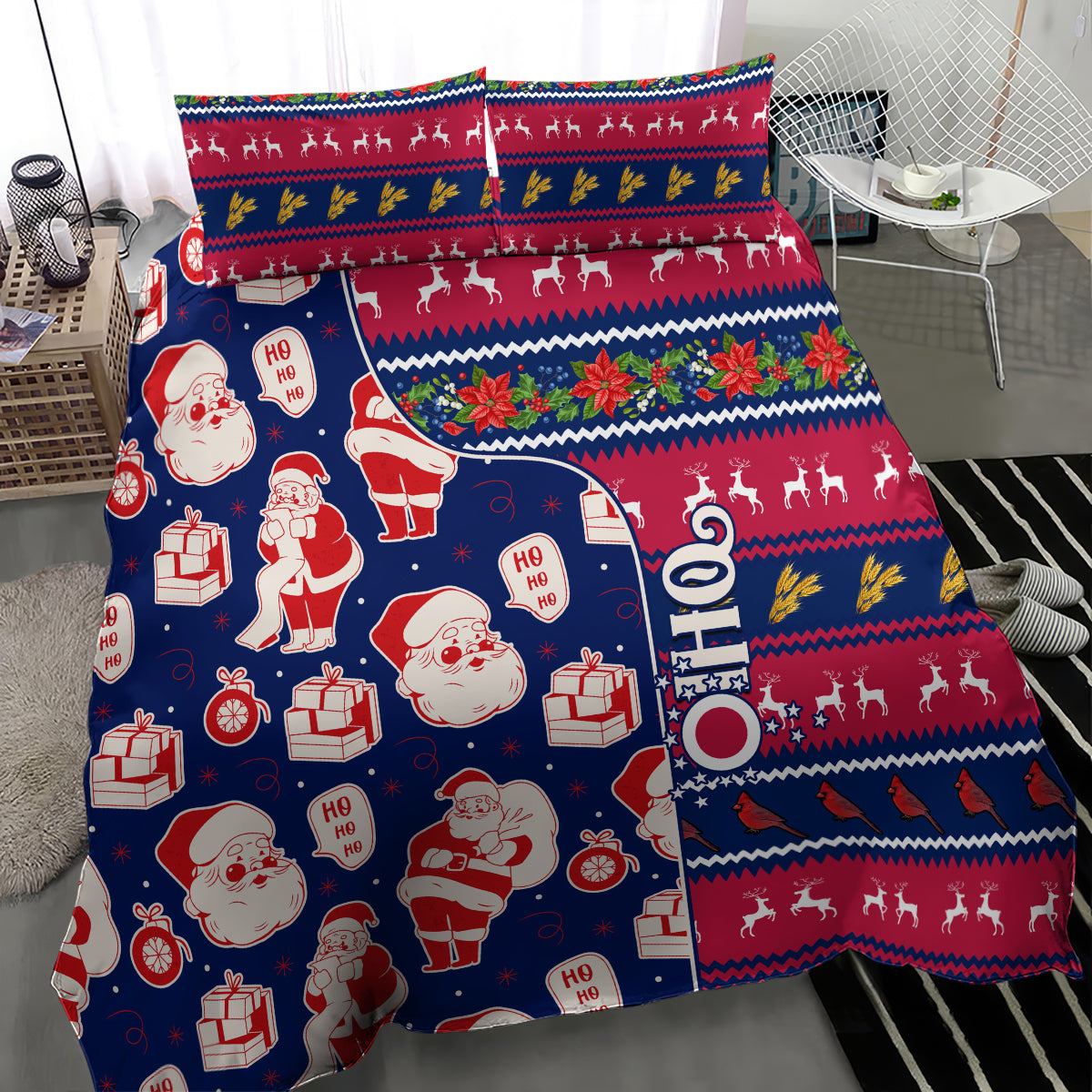 Blue Christmas bedding set with Santa and gift motifs, reindeer, and festive stripes