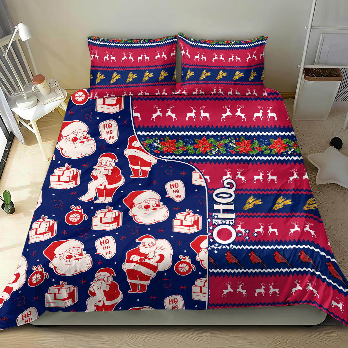 Blue Christmas bedding set with Santa faces, presents, reindeer, and multicolor holiday stripes