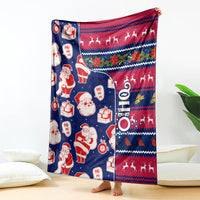 Custom Ohio Christmas blanket with Santa, reindeer, gifts, and zigzag stripes; red and dark blue