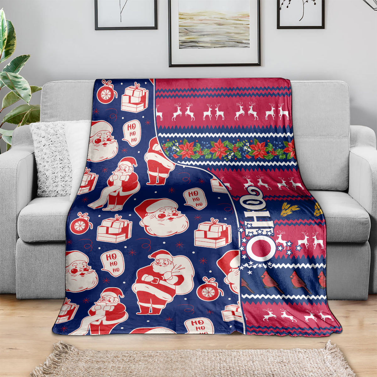 Santa-themed Christmas blanket with gift icons, reindeer silhouettes, and multicolor festive stripes